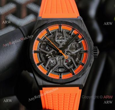 Super High AAA Replica Zenith Defy Classic 41mm Watches Skeleton Dial Orange Rubber Band